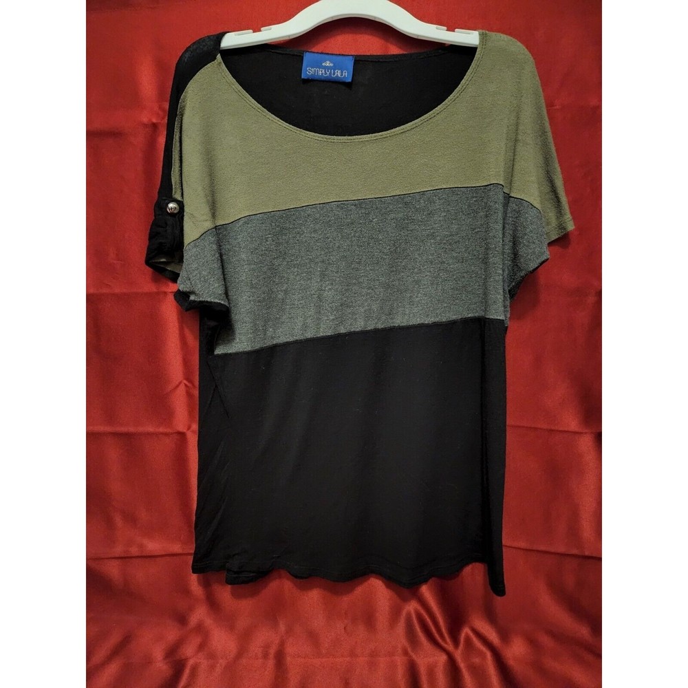 LALA Khaki Women's Size Large Blouse Black Gray Green Color Block Gold Button